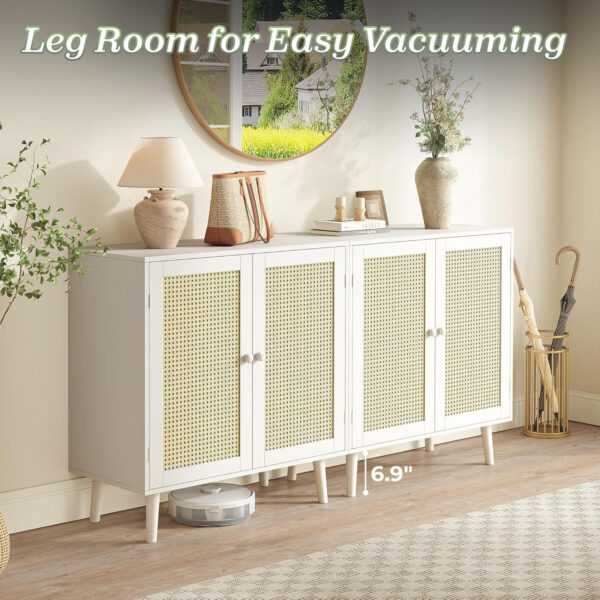 Huuger Buffet Cabinet with Storage, Storage Cabinet with PE Rattan Decor Doors, Accent Sideboard Buffet with Solid Wood Feet, for Hallway, Entry, Living Room, Natural