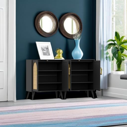 688759a00d454800337a01a915bbfc3b5012cca46b8409d4f1e1a.jpg Rovaurx Rattan Storage Cabinet with Doors, Modern Accent Bathroom Floor Cabinet, Sideboard Buffet for Living Room, Entryway, Dining Room and Kitchen, Natural BMGZ108M