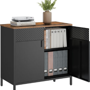 SONGMICS Storage Cabinet, Metal Cabinet, Sideboard with 2 Doors, 15.7 x 31.5 x 29.9 Inches, Magnetic Closure, Adjustable Shelf, Steel Frame, Rustic Brown and Black ULSC102B01