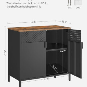 SONGMICS Storage Cabinet, Metal Cabinet, Sideboard with 2 Doors, 15.7 x 31.5 x 29.9 Inches, Magnetic Closure, Adjustable Shelf, Steel Frame, Rustic Brown and Black ULSC102B01