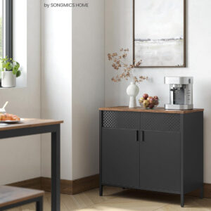 SONGMICS Storage Cabinet, Metal Cabinet, Sideboard with 2 Doors, 15.7 x 31.5 x 29.9 Inches, Magnetic Closure, Adjustable Shelf, Steel Frame, Rustic Brown and Black ULSC102B01