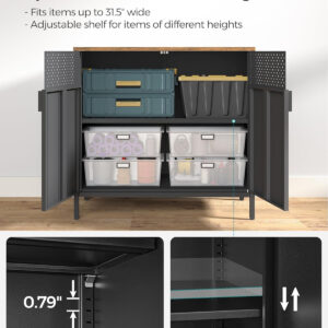 SONGMICS Storage Cabinet, Metal Cabinet, Sideboard with 2 Doors, 15.7 x 31.5 x 29.9 Inches, Magnetic Closure, Adjustable Shelf, Steel Frame, Rustic Brown and Black ULSC102B01