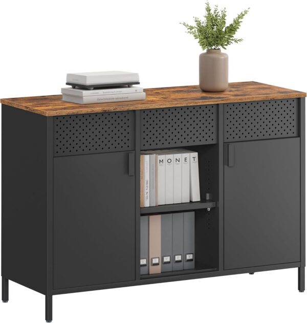 SONGMICS Storage Cabinet, Metal Cabinet, Sideboard with 2 Doors, 15.7 x 31.5 x 29.9 Inches, Magnetic Closure, Adjustable Shelf, Steel Frame, Rustic Brown and Black ULSC102B01