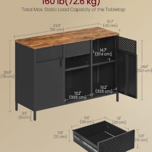 SONGMICS Storage Cabinet, Metal Cabinet, Sideboard with 2 Doors, 15.7 x 31.5 x 29.9 Inches, Magnetic Closure, Adjustable Shelf, Steel Frame, Rustic Brown and Black ULSC102B01