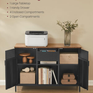 SONGMICS Storage Cabinet, Metal Cabinet, Sideboard with 2 Doors, 15.7 x 31.5 x 29.9 Inches, Magnetic Closure, Adjustable Shelf, Steel Frame, Rustic Brown and Black ULSC102B01