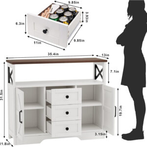 YGEOMER Buffet Cabinet Sideboard Farmhouse Coffee Bar with 3 Drawers and 2 Doors, Wood Kitchen Table Wine Bar Storage Cabinet for Dining Room