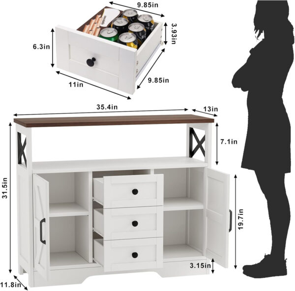 YGEOMER Buffet Cabinet Sideboard Farmhouse Coffee Bar with 3 Drawers and 2 Doors, Wood Kitchen Table Wine Bar Storage Cabinet for Dining Room