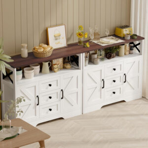 YGEOMER Buffet Cabinet Sideboard Farmhouse Coffee Bar with 3 Drawers and 2 Doors, Wood Kitchen Table Wine Bar Storage Cabinet for Dining Room