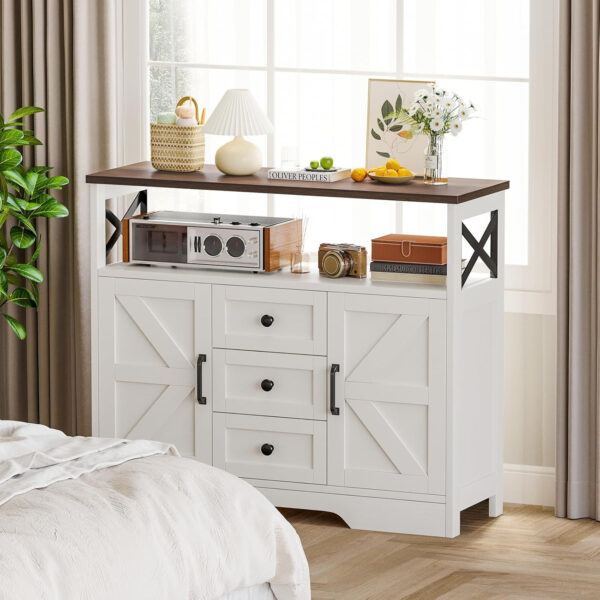 YGEOMER Buffet Cabinet Sideboard Farmhouse Coffee Bar with 3 Drawers and 2 Doors, Wood Kitchen Table Wine Bar Storage Cabinet for Dining Room