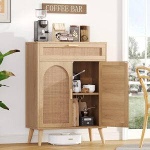 Irontar Rattan Buffet Sideboard Cabinet with Storage, Coffee Bar, Boho Credenzas with Drawer, Kitchen Storage Cabinet, Accent Cabinet with Doors for Hallway, Living Room, Dinning Room, Natural