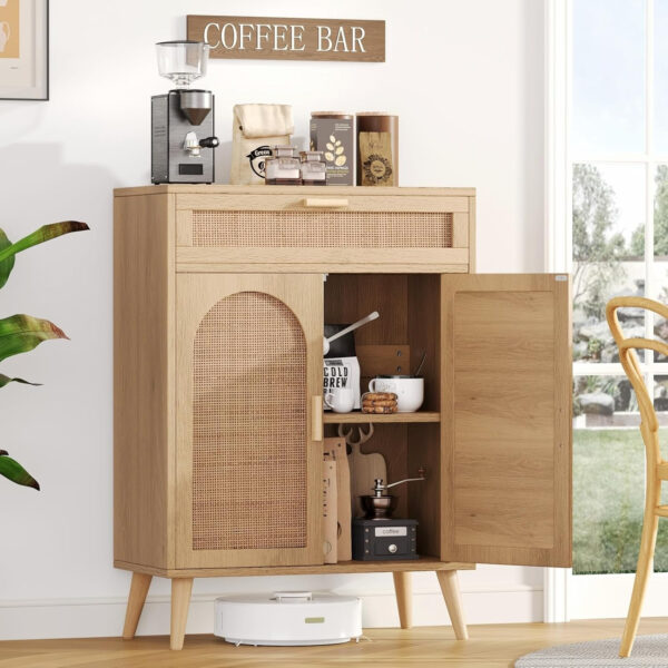 Irontar Rattan Buffet Sideboard Cabinet with Storage, Coffee Bar, Boho Credenzas with Drawer, Kitchen Storage Cabinet, Accent Cabinet with Doors for Hallway, Living Room, Dinning Room, Natural