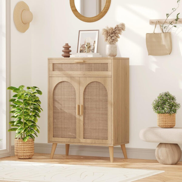 Irontar Rattan Buffet Sideboard Cabinet with Storage, Coffee Bar, Boho Credenzas with Drawer, Kitchen Storage Cabinet, Accent Cabinet with Doors for Hallway, Living Room, Dinning Room, Natural