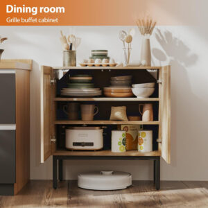 Grille Buffet Cabinet with Storage, Sideboards 2 Doors with Metal Base and Adjustable Shelf for Kitchen, Coffee Bar, Dining Room, Entryway, Hallway,Living Room