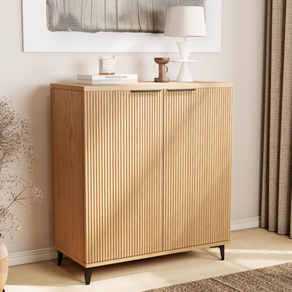 Fluted Sideboard Buffet Cabinet Accent Cabinet with Adjustable Shelves and Storage, Mid-Century Modern Two-Door Console, Suitable for Living Room, Kitchen and Entryway, Wood Grain