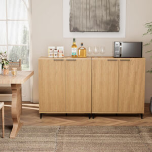 Fluted Sideboard Buffet Cabinet Accent Cabinet with Adjustable Shelves and Storage, Mid-Century Modern Two-Door Console, Suitable for Living Room, Kitchen and Entryway, Wood Grain