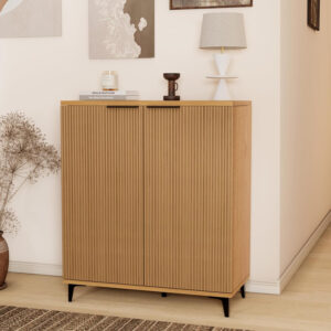 Fluted Sideboard Buffet Cabinet Accent Cabinet with Adjustable Shelves and Storage, Mid-Century Modern Two-Door Console, Suitable for Living Room, Kitchen and Entryway, Wood Grain