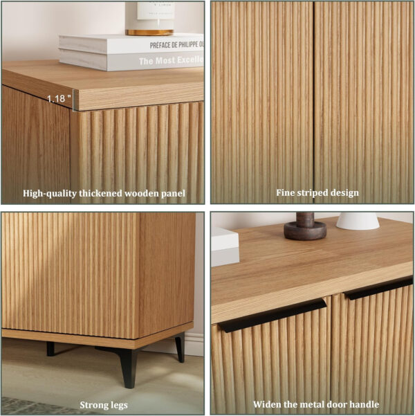 Fluted Sideboard Buffet Cabinet Accent Cabinet with Adjustable Shelves and Storage, Mid-Century Modern Two-Door Console, Suitable for Living Room, Kitchen and Entryway, Wood Grain