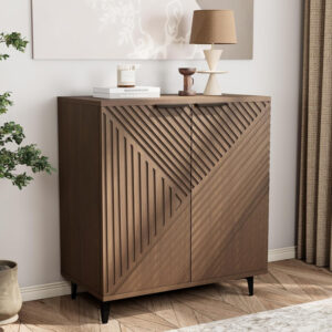 Fluted Sideboard Buffet Cabinet Accent Cabinet with Adjustable Shelves and Storage, Mid-Century Modern Two-Door Console, Suitable for Living Room, Kitchen and Entryway, Wood Grain