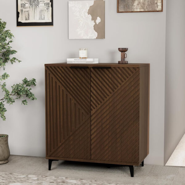 Fluted Sideboard Buffet Cabinet Accent Cabinet with Adjustable Shelves and Storage, Mid-Century Modern Two-Door Console, Suitable for Living Room, Kitchen and Entryway, Wood Grain