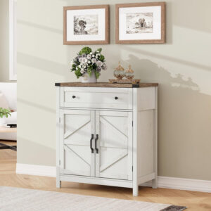 ChooChoo Kitchen Storage Cabinet, Coffee Bar Cabinet, Farmhouse Buffet Sideboard with Drawer for Kitchen, Living Room, White