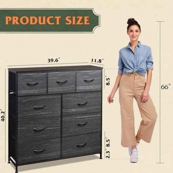 WLIVE 9-Drawer Dresser, Fabric Storage Tower for Bedroom, Hallway, Entryway, Closet, Tall Chest Organizer Unit with Fabric Bins, Steel Frame, Wood Top, Easy Pull Handle, Charcoal Black