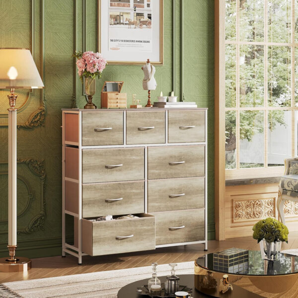 WLIVE 9-Drawer Dresser, Fabric Storage Tower for Bedroom, Hallway, Entryway, Closet, Tall Chest Organizer Unit with Fabric Bins, Steel Frame, Wood Top, Easy Pull Handle, Charcoal Black