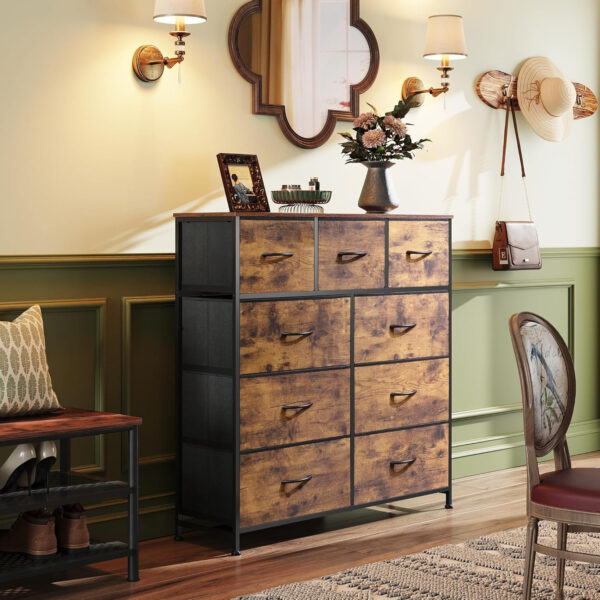 WLIVE 9-Drawer Dresser, Fabric Storage Tower for Bedroom, Hallway, Entryway, Closet, Tall Chest Organizer Unit with Fabric Bins, Steel Frame, Wood Top, Easy Pull Handle, Charcoal Black