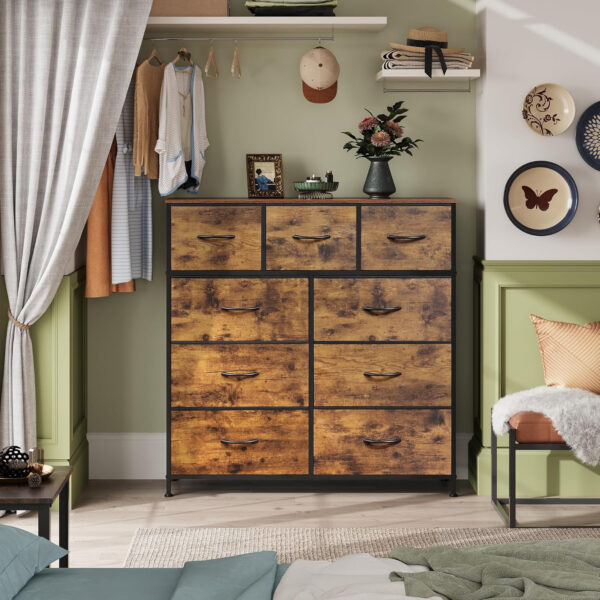 WLIVE 9-Drawer Dresser, Fabric Storage Tower for Bedroom, Hallway, Entryway, Closet, Tall Chest Organizer Unit with Fabric Bins, Steel Frame, Wood Top, Easy Pull Handle, Charcoal Black