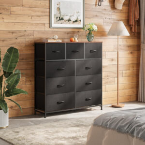 WLIVE 9-Drawer Dresser, Fabric Storage Tower for Bedroom, Hallway, Entryway, Closet, Tall Chest Organizer Unit with Fabric Bins, Steel Frame, Wood Top, Easy Pull Handle, Charcoal Black