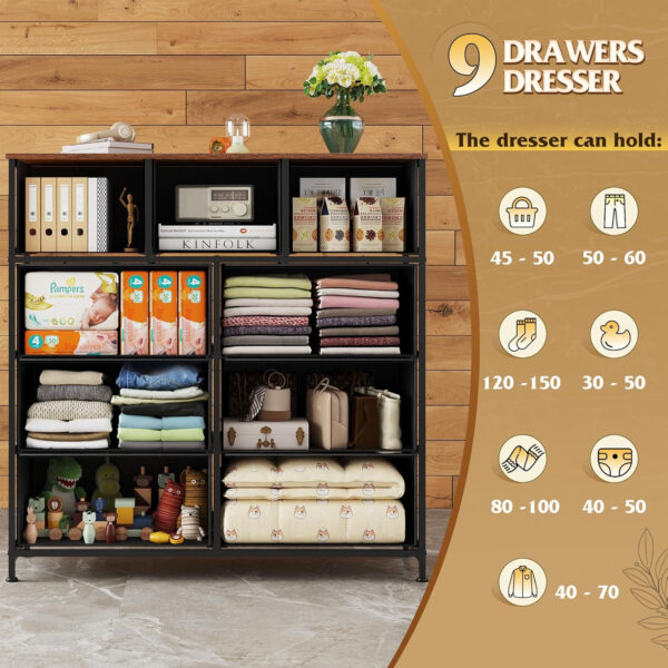 WLIVE 9-Drawer Dresser, Fabric Storage Tower for Bedroom, Hallway, Entryway, Closet, Tall Chest Organizer Unit with Fabric Bins, Steel Frame, Wood Top, Easy Pull Handle, Charcoal Black