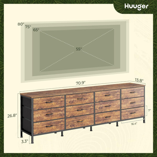 Huuger 70 Inch Dresser for Bedroom, TV Stand for 65, 75, 80 Inch TV, 12 Fabric Drawer Long Dresser, Large Entertainment Center for Bedroom, Wide Chest of Drawer with Storage, Rustic Brown