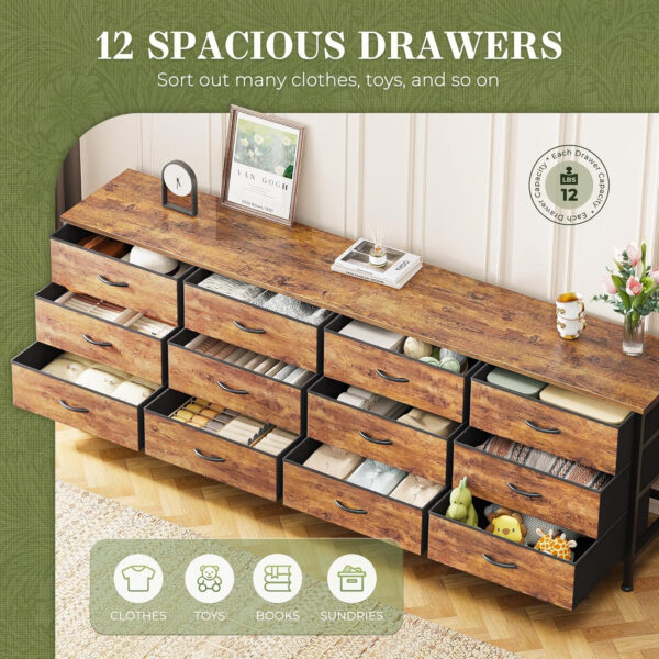 Huuger 70 Inch Dresser for Bedroom, TV Stand for 65, 75, 80 Inch TV, 12 Fabric Drawer Long Dresser, Large Entertainment Center for Bedroom, Wide Chest of Drawer with Storage, Rustic Brown