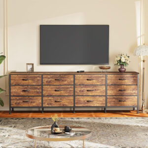 Huuger 70 Inch Dresser for Bedroom, TV Stand for 65, 75, 80 Inch TV, 12 Fabric Drawer Long Dresser, Large Entertainment Center for Bedroom, Wide Chest of Drawer with Storage, Rustic Brown