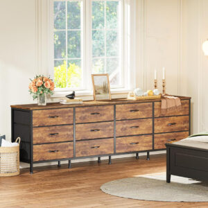 Huuger 70 Inch Dresser for Bedroom, TV Stand for 65, 75, 80 Inch TV, 12 Fabric Drawer Long Dresser, Large Entertainment Center for Bedroom, Wide Chest of Drawer with Storage, Rustic Brown