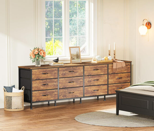 Huuger 70 Inch Dresser for Bedroom, TV Stand for 65, 75, 80 Inch TV, 12 Fabric Drawer Long Dresser, Large Entertainment Center for Bedroom, Wide Chest of Drawer with Storage, Rustic Brown