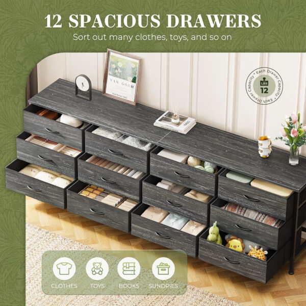 Huuger 70 Inch Dresser for Bedroom, TV Stand for 65, 75, 80 Inch TV, 12 Fabric Drawer Long Dresser, Large Entertainment Center for Bedroom, Wide Chest of Drawer with Storage, Rustic Brown