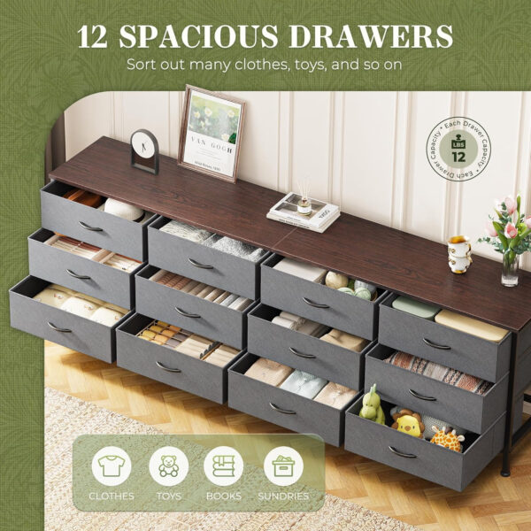 Huuger 70 Inch Dresser for Bedroom, TV Stand for 65, 75, 80 Inch TV, 12 Fabric Drawer Long Dresser, Large Entertainment Center for Bedroom, Wide Chest of Drawer with Storage, Rustic Brown