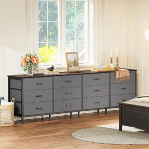 Huuger 70 Inch Dresser for Bedroom, TV Stand for 65, 75, 80 Inch TV, 12 Fabric Drawer Long Dresser, Large Entertainment Center for Bedroom, Wide Chest of Drawer with Storage, Rustic Brown