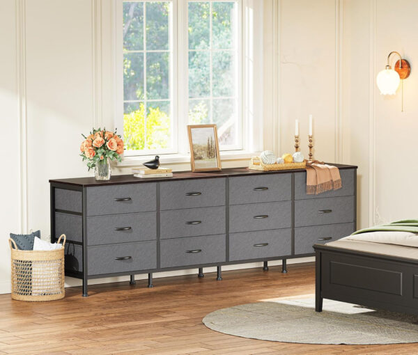 Huuger 70 Inch Dresser for Bedroom, TV Stand for 65, 75, 80 Inch TV, 12 Fabric Drawer Long Dresser, Large Entertainment Center for Bedroom, Wide Chest of Drawer with Storage, Rustic Brown