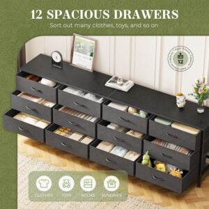 Huuger 70 Inch Dresser for Bedroom, TV Stand for 65, 75, 80 Inch TV, 12 Fabric Drawer Long Dresser, Large Entertainment Center for Bedroom, Wide Chest of Drawer with Storage, Rustic Brown