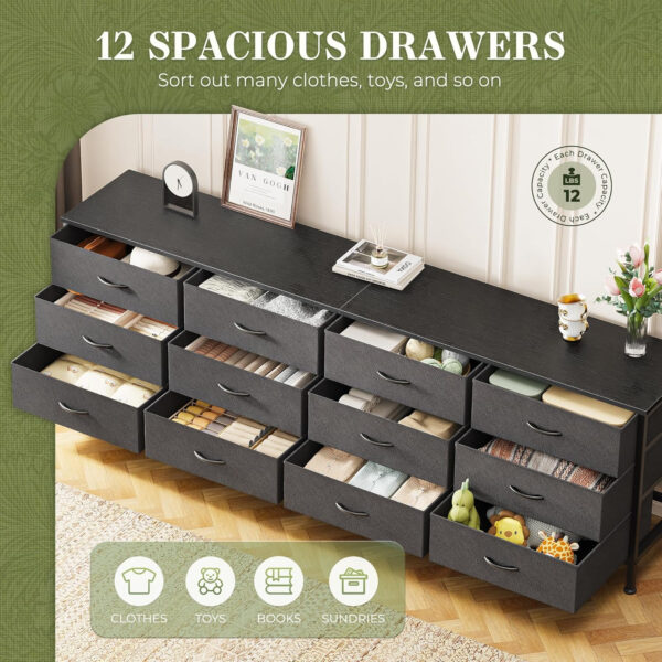 Huuger 70 Inch Dresser for Bedroom, TV Stand for 65, 75, 80 Inch TV, 12 Fabric Drawer Long Dresser, Large Entertainment Center for Bedroom, Wide Chest of Drawer with Storage, Rustic Brown