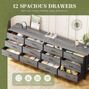 Huuger 70 Inch Dresser for Bedroom, TV Stand for 65, 75, 80 Inch TV, 12 Fabric Drawer Long Dresser, Large Entertainment Center for Bedroom, Wide Chest of Drawer with Storage, Rustic Brown