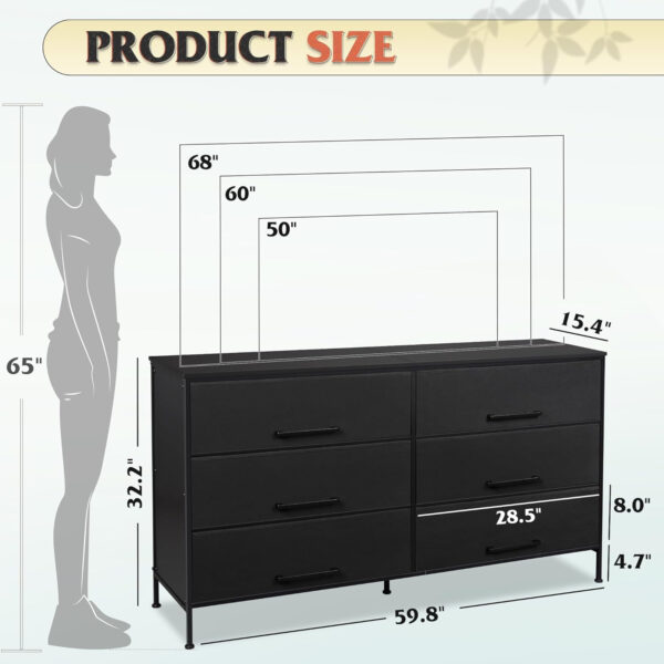 WLIVE 6 Drawer Dresser for Bedroom Large, Fabric Wide Dresser TV Stand for 50, 55, 60 inch TV, Big Long Chest of Drawers with Deep Drawer for Closet, Bedroom, Living Room, Hallway, Rustic Brown