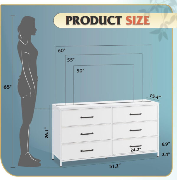 WLIVE 6 Drawer Dresser for Bedroom Large, Fabric Wide Dresser TV Stand for 50, 55, 60 inch TV, Big Long Chest of Drawers with Deep Drawer for Closet, Bedroom, Living Room, Hallway, Rustic Brown