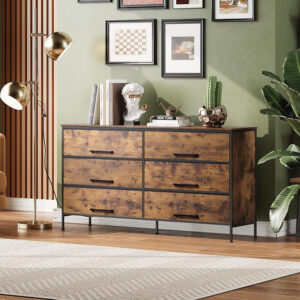 WLIVE 6 Drawer Dresser for Bedroom Large, Fabric Wide Dresser TV Stand for 50, 55, 60 inch TV, Big Long Chest of Drawers with Deep Drawer for Closet, Bedroom, Living Room, Hallway, Rustic Brown