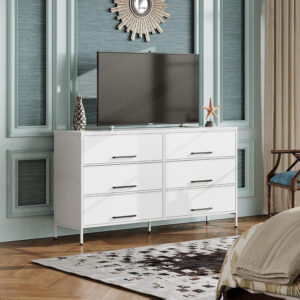 WLIVE 6 Drawer Dresser for Bedroom Large, Fabric Wide Dresser TV Stand for 50, 55, 60 inch TV, Big Long Chest of Drawers with Deep Drawer for Closet, Bedroom, Living Room, Hallway, Rustic Brown