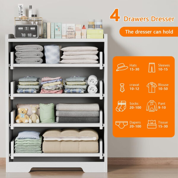 Furnulem 4-Drawer Dresser for Bedroom - White Wood Chest of Drawers Closet Storage Cabinet Organizer for Bedroom, Living Room, Hallway & Office