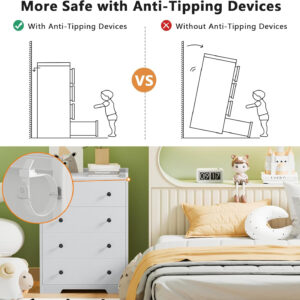 Furnulem 4-Drawer Dresser for Bedroom - White Wood Chest of Drawers Closet Storage Cabinet Organizer for Bedroom, Living Room, Hallway & Office