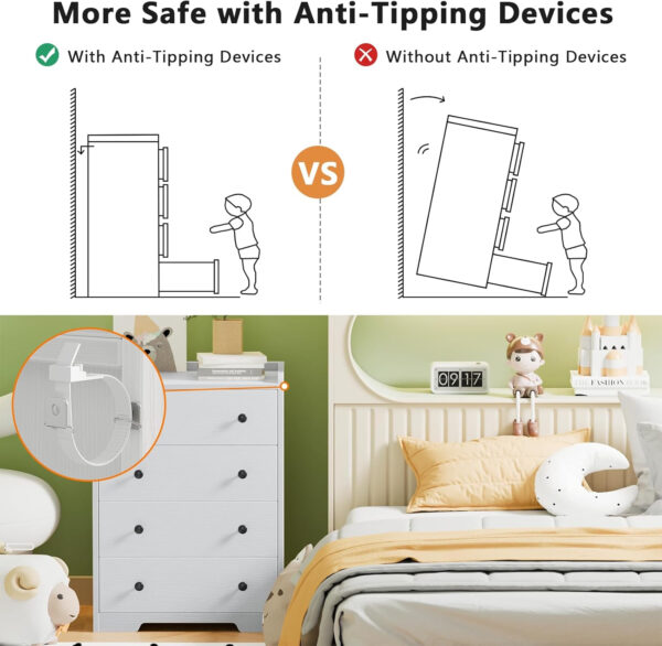 Furnulem 4-Drawer Dresser for Bedroom - White Wood Chest of Drawers Closet Storage Cabinet Organizer for Bedroom, Living Room, Hallway & Office