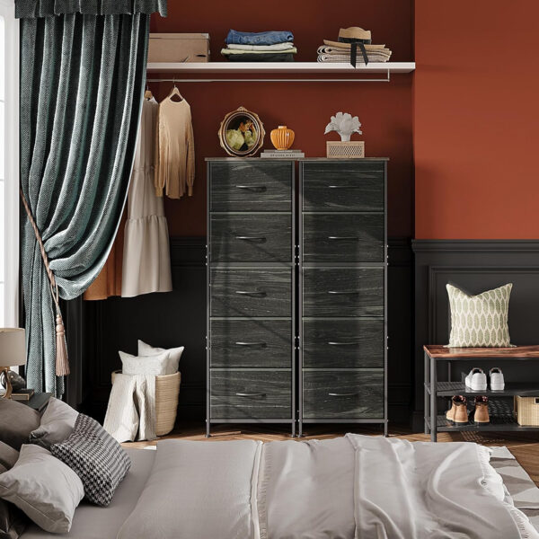 WLIVE Fabric Dresser, 5-Drawer Tall Dresser for Bedroom, Storage Organizer with Fabric Bins, Wood Top, Sturdy Steel Frame, Chest of Drawers for Closet, Hallway, Rustic Brown Wood Grain Print